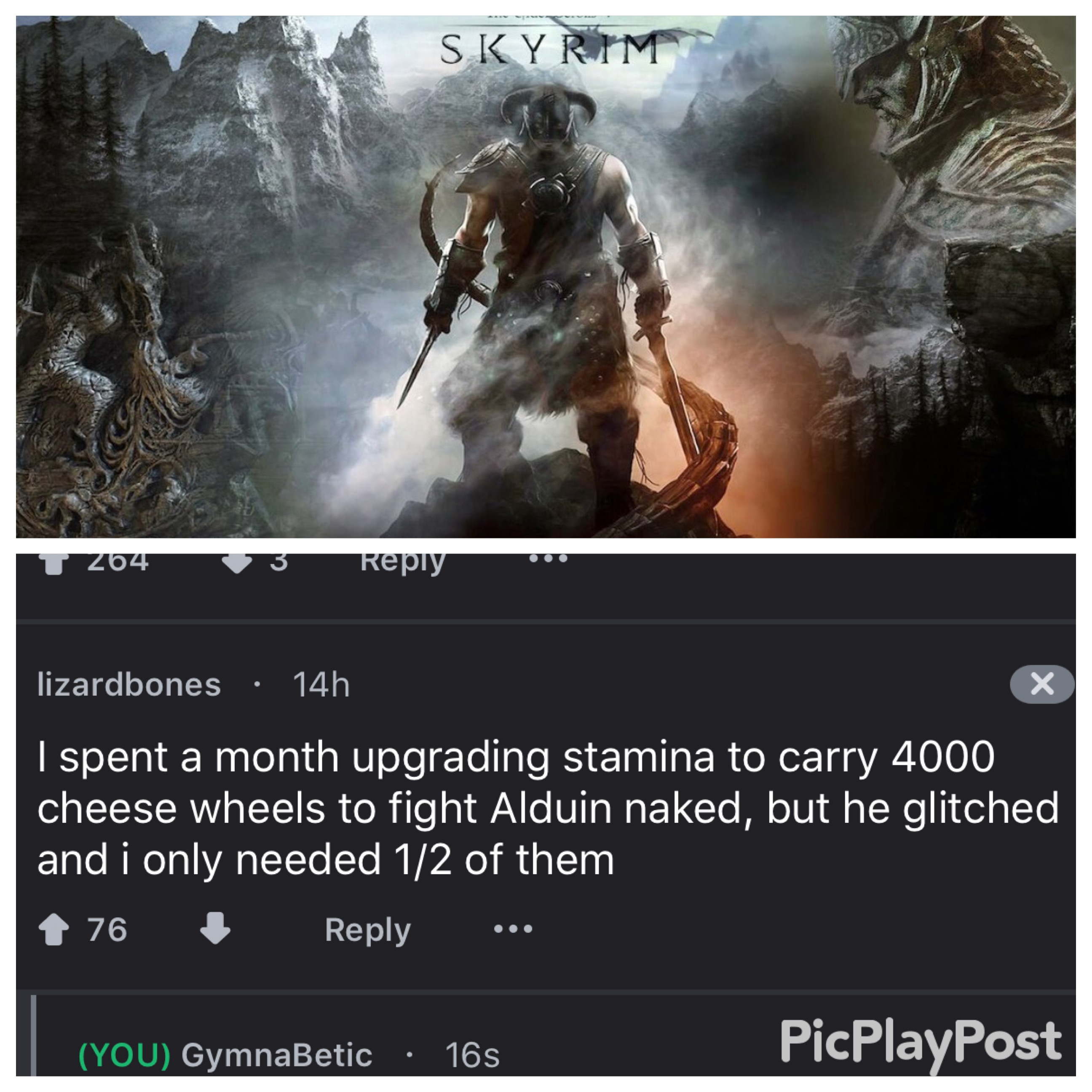 Skyrim meme of someone who carried many wheels of cheese and then dropped them.