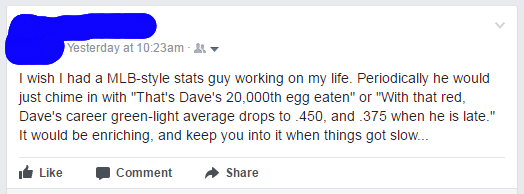 angle - Yesterday at am I wish I had a Mlbstyle stats guy working on my life. Periodically he would just chime in with "That's Dave's 20,000th egg eaten" or "With that red Dave's career greenlight average drops to 450, and 375 when he is late." It would b