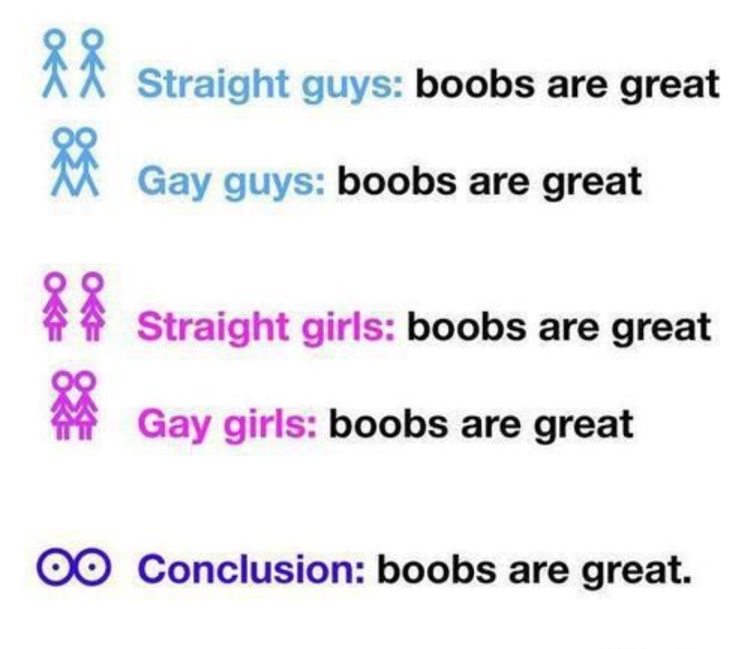 funny quotes boobs - Xx Straight guys boobs are great Gay guys boobs are great Straight girls boobs are great Gay girls boobs are great Oo Conclusion boobs are great.