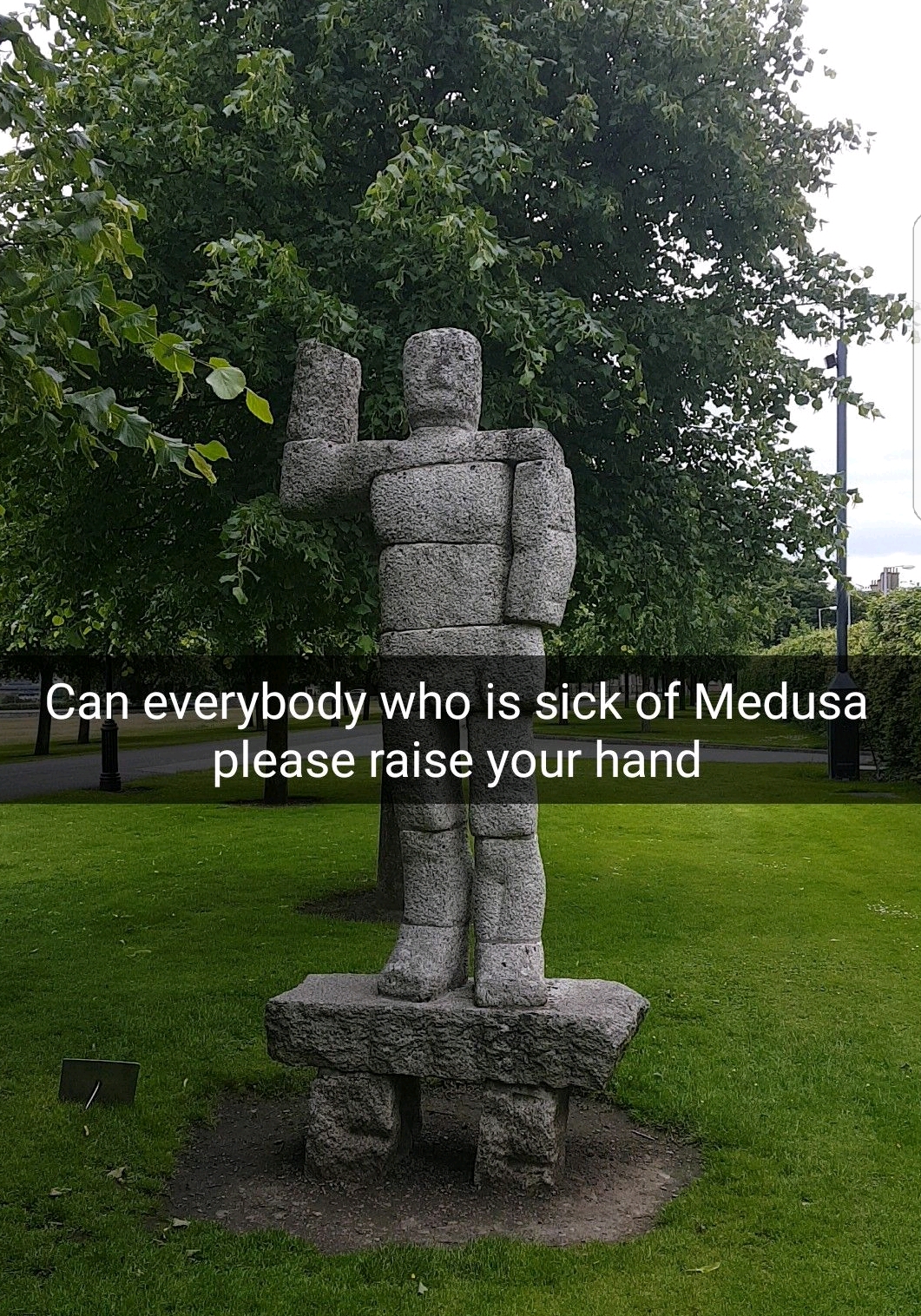 Snapchat of statue with raised hand voting against Medusa