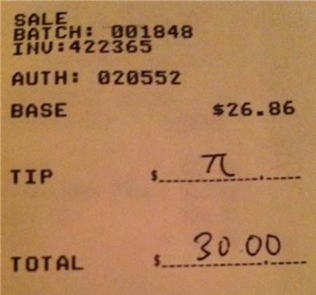 Receipt on which someone put down Pi for atip and it comes out perfectly round.