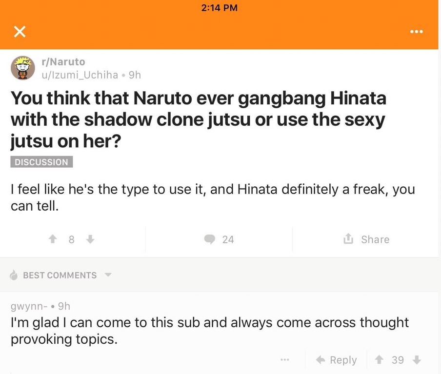 document - x rNaruto uIzumi_Uchiha 9h You think that Naruto ever gangbang Hinata with the shadow clone jutsu or use the sexy jutsu on her? Discussion I feel he's the type to use it, and Hinata definitely a freak, you can tell. 24 U Best gwynn. 9h I'm glad