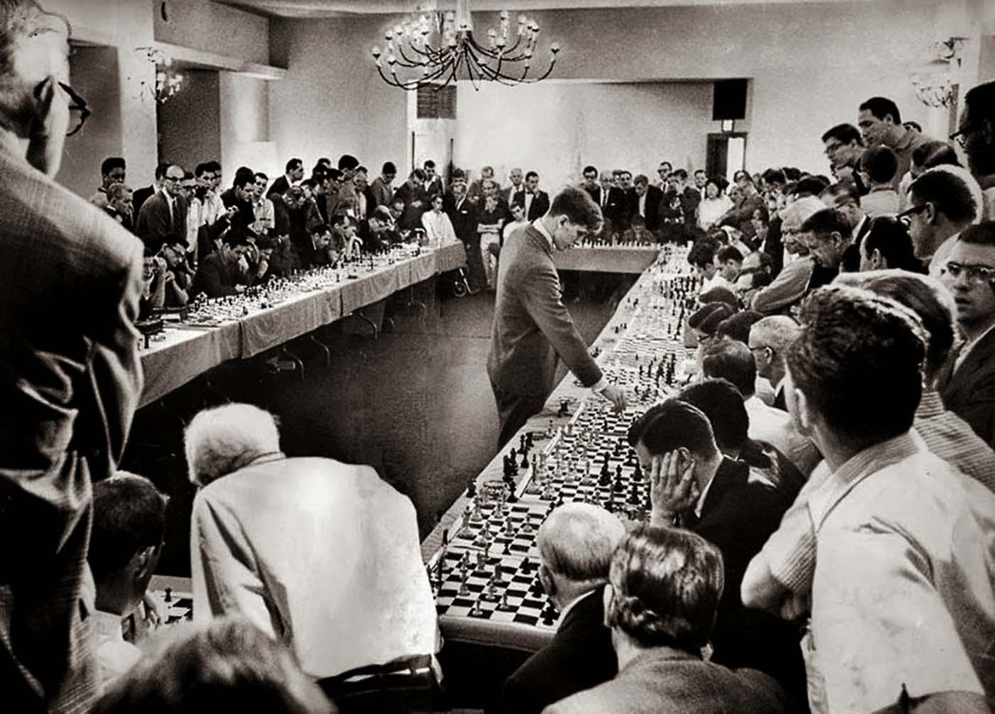 Bobby Fischer playing against 50 opponents simultaneously, 1964.