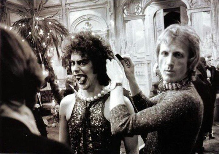 Tim Curry making obscene tongue gesture on the set of Rocky Horror Picture Show