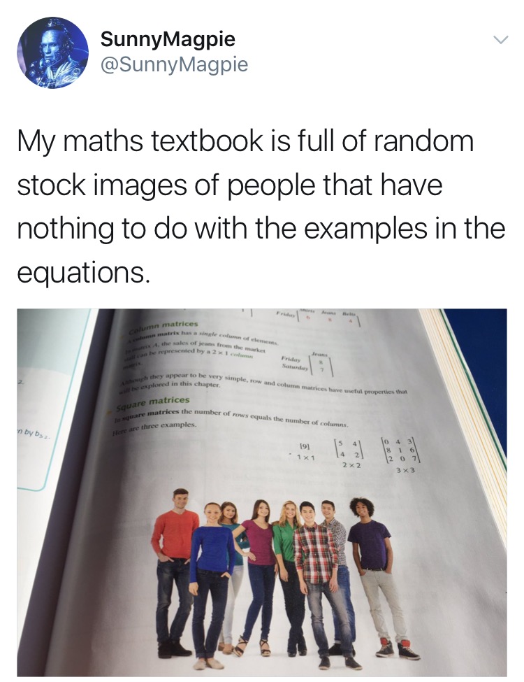 Text book with strange bland stock images that have nothing to do with the questions.