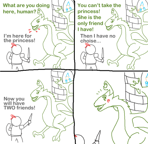 Cartoon of a knight that has shown up to save the queen from the dragon but instead decides to make friends with the dragon and stay there.