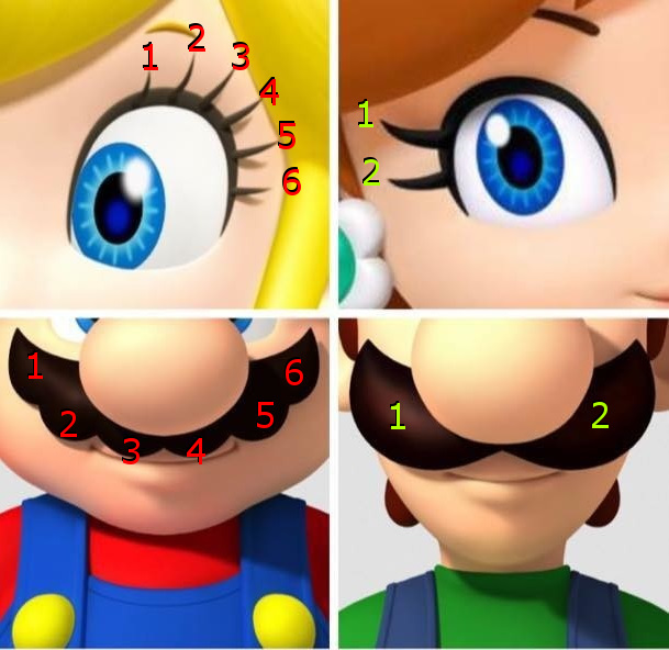 Meme about the eye lashes and mustaches of Mario and Luigi and the princess's