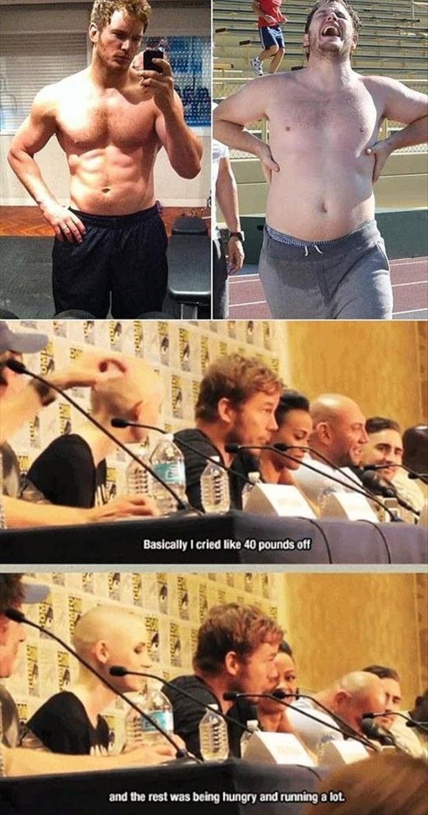 Meme of Chris Pratt and how he lost so much weight basically by crying and running hungry alot