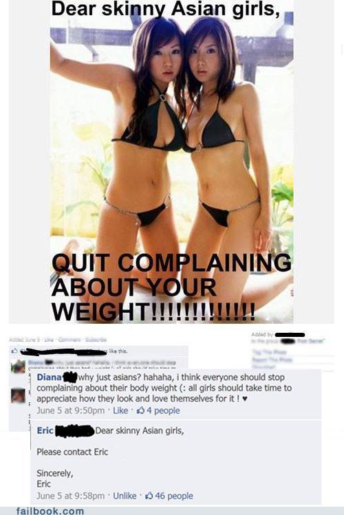 Someone ranting about how skinny Asian girls need to stop complaining about their weight and funny posts people write in response, including one very funny guy who tells all Asian girls to contact him.
