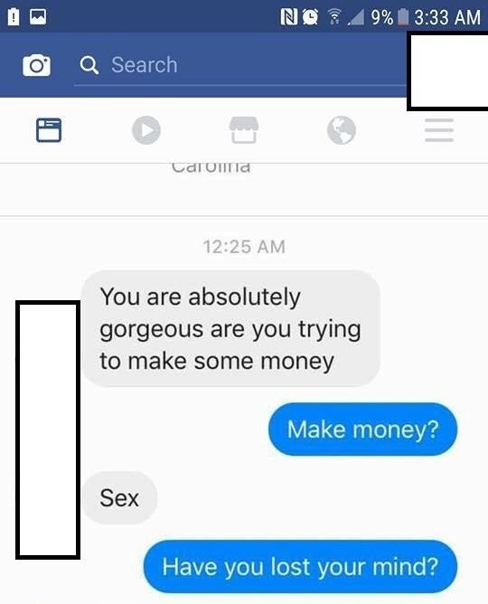 Facebook post of someone asking a girl if she wants to make some money for sex?