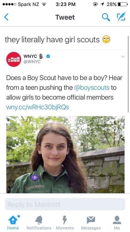 Girl who is complaining about not getting into the boy scouts and someone pointing out that they already have Girl Scouts she can join.