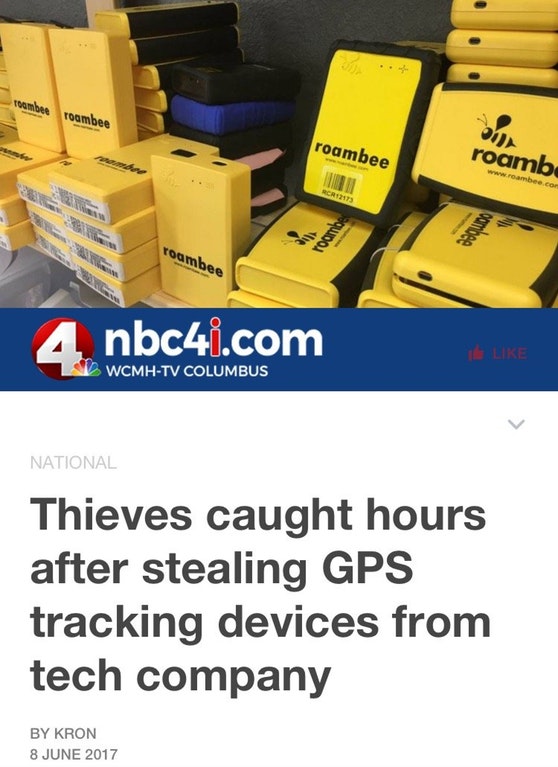 Article snapshot of thieves that stole GPS tracking devices and got caught just a few hours later.