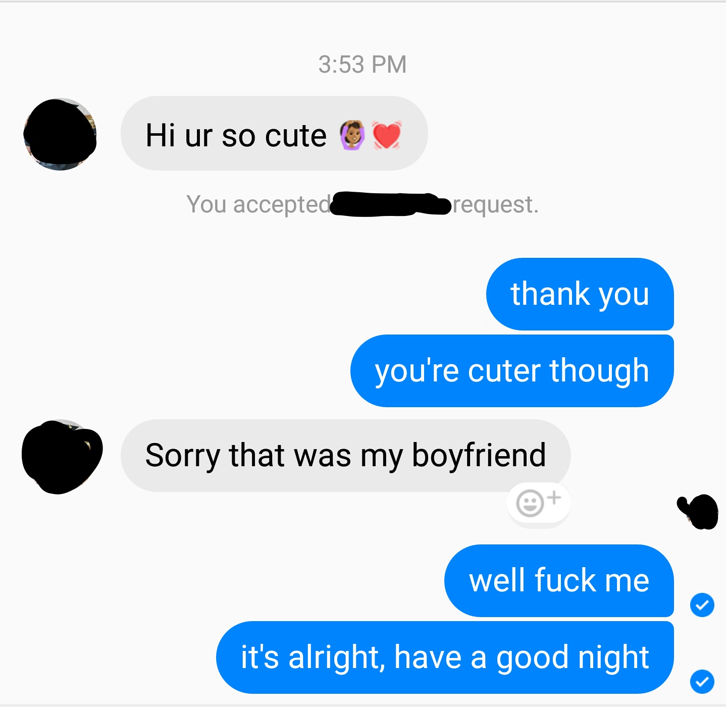 Chat of girl telling guy he is so cute and then girl apologizes and says it was her boyfriend sending that out.