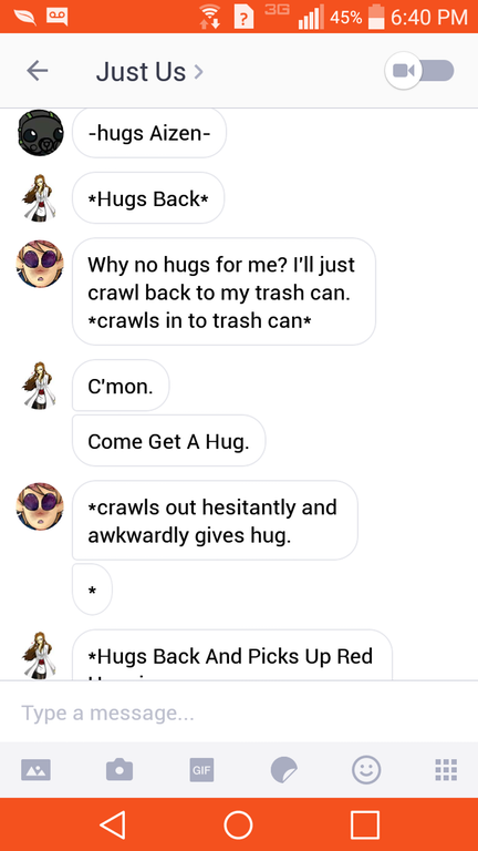 Text exchange about hugs and other things.