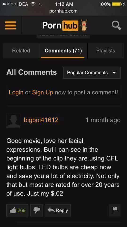 Funny comment on pornhub about the use of CFL light in the video rather that LED