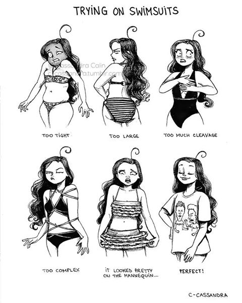 Cartoon about a girl trying on a bikini
