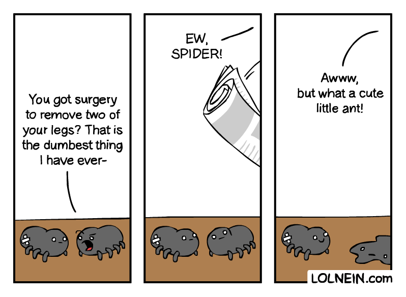 Cartoon of a spider who has surgery to remove 2 of his legs and now people won't hurt him because he looks like a cute ant.
