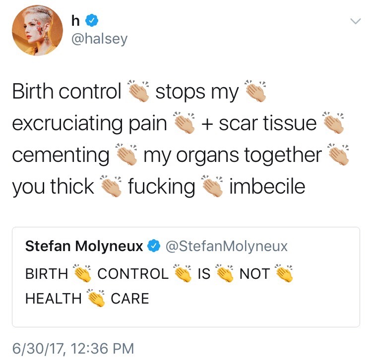 Tweet of woman complaining about how birth control fixes many other ailments and someone pointing out that birth control is not health care