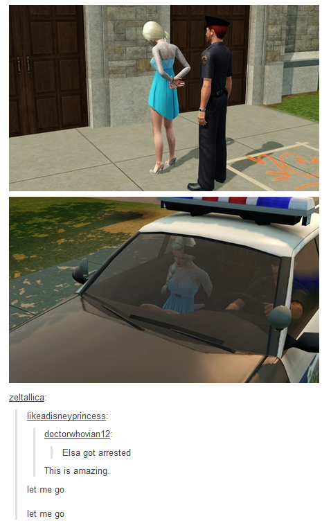 Woman being arrested in a video game that looks like Elsa from Frozen