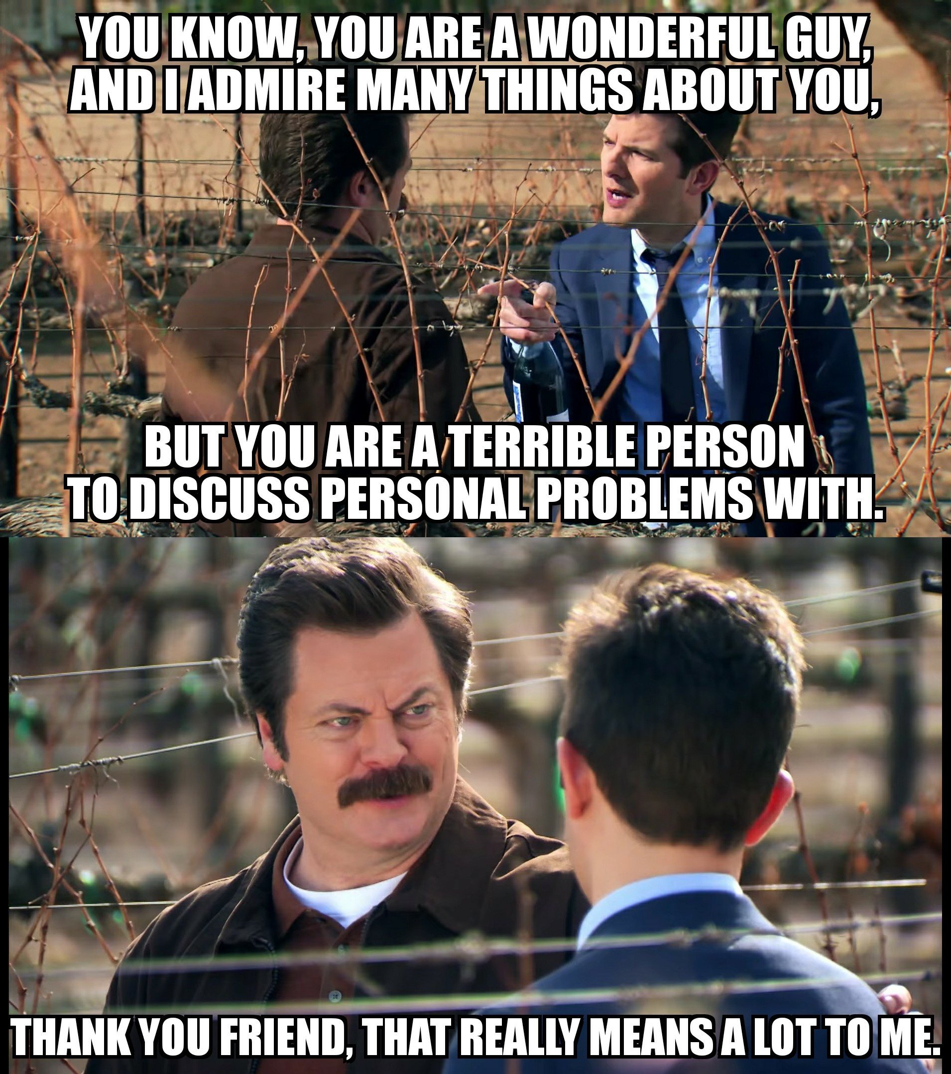 random reddit ron swanson memes - You Know, You Are A Wonderful Guy, And Iadmire Many Things About You, But You Are A Terrible Person To Discuss Personal Problems With Thank You Friend, That Really Means A Lot To Me.