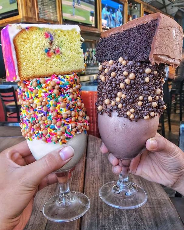 milkshake with cake on top