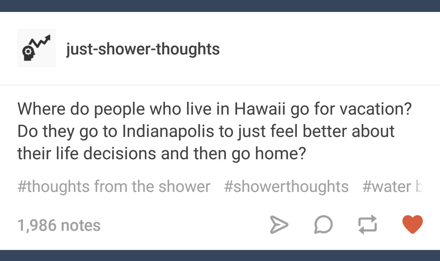 angle - one justshowerthoughts Where do people who live in Hawaii go for vacation? Do they go to Indianapolis to just feel better about their life decisions and then go home? from the shower b 1,986 notes