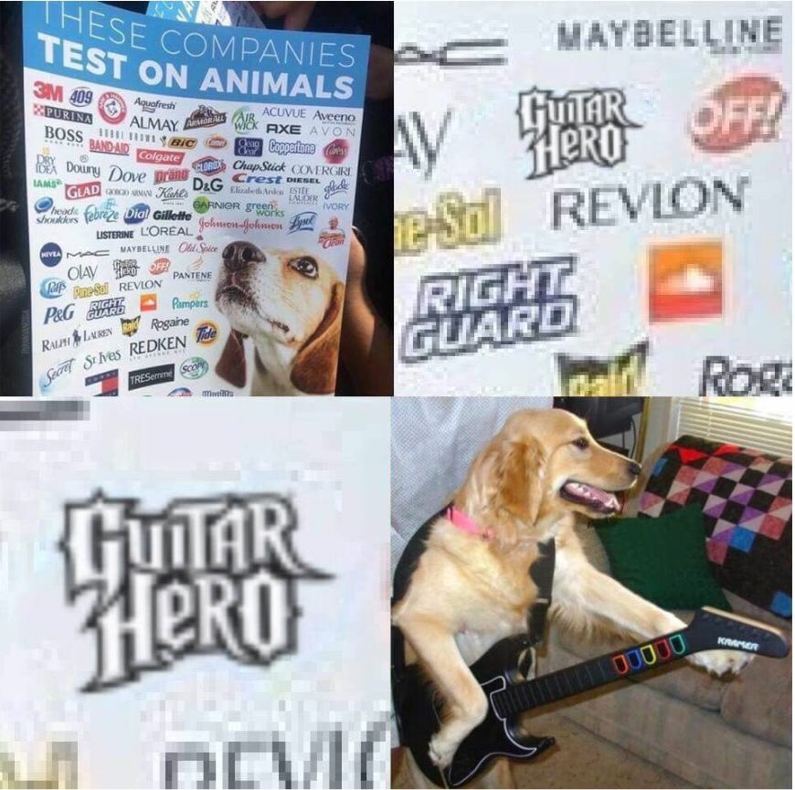 dog guitar hero - Inese Companies Test On Animals Maybelline Sm 409 Aquafresh D A P Acuvue Aveeno Purina Almay Armbhalb Wiek Axe Avon Boss 111 1011 Bic 9429 Coppertone Colgate Clore Chap Stick Covergirl Dex Downy Dove pran Crest Diesel lde D&G Elizabeth A