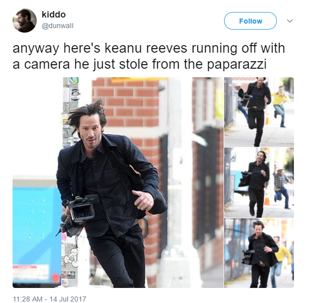 keanu reeves running camera - kiddo anyway here's keanu reeves running off with a camera he just stole from the paparazzi