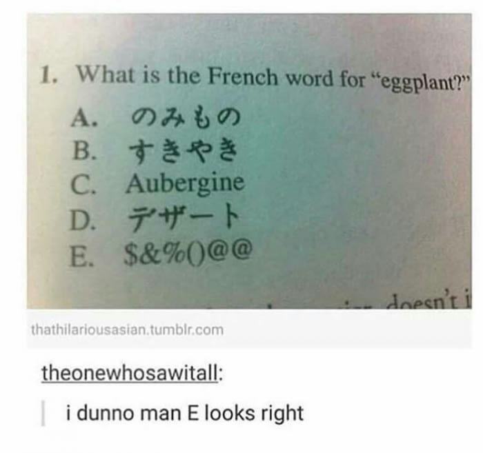 1. What is the French word for "eggplant?" A. B. C. Aubergine E. $&%0@@ esn thathilariousasian.tumblr.com theonewhosawitall i dunno man E looks right