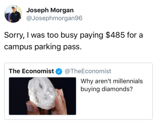 millennials diamonds - Joseph Morgan Sorry, I was too busy paying $485 for a campus parking pass. The Economist Economist Why aren't millennials buying diamonds?