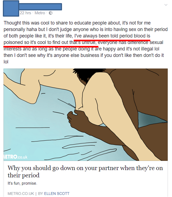 Article about going down on your partner when they are having period and someone who thought period blood is poison.