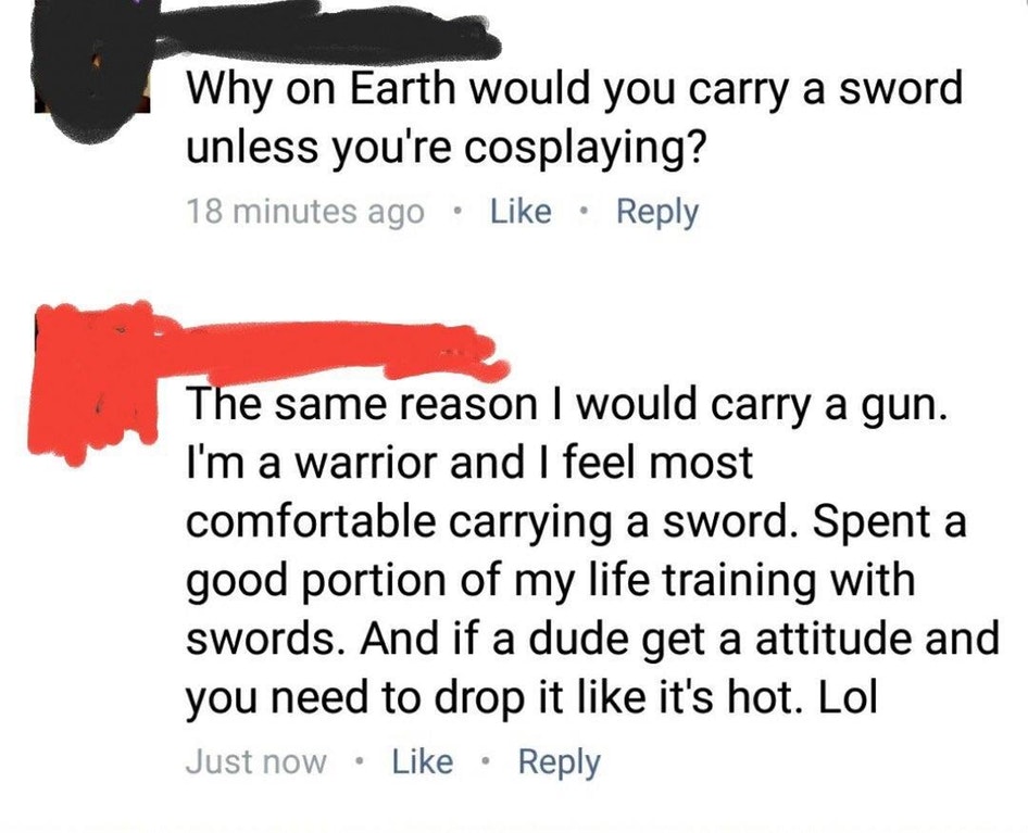 cringeworthy post about someone who explains why he would carry a sword.