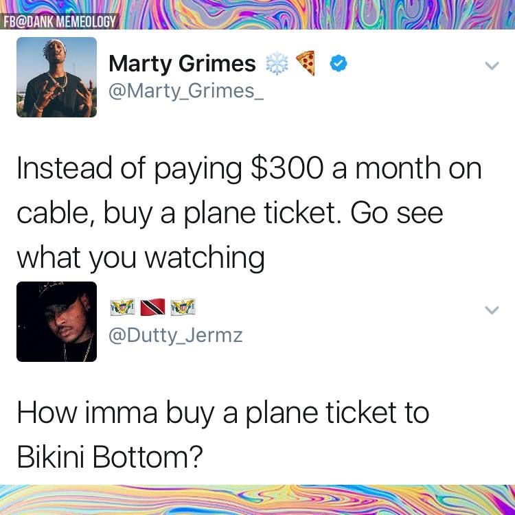 point - N Fb Memeology Zalo Marty Grimes Instead of paying $300 a month on cable, buy a plane ticket. Go see what you watching How imma buy a plane ticket to Bikini Bottom?