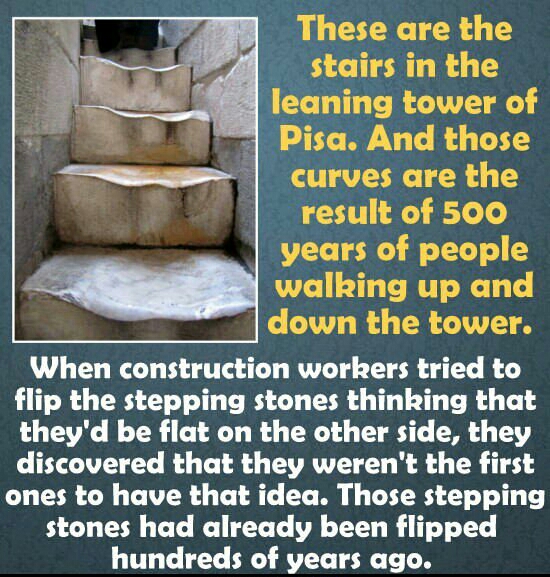material - These are the stairs in the leaning tower of Pisa. And those curves are the result of 500 years of people walking up and down the tower. When construction workers tried to flip the stepping stones thinking that they'd be flat on the other side,