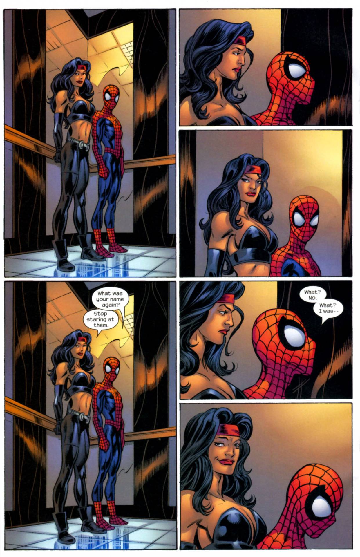 spider man and elektra - What was your name again? Stop staring at them. What? No. What? I was