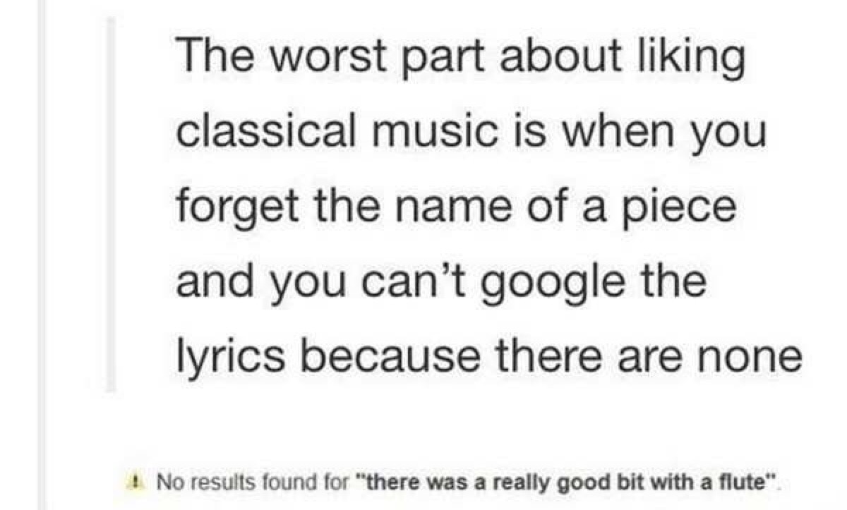 if you want to know what someone loves look at what they photograph - The worst part about liking classical music is when you forget the name of a piece and you can't google the lyrics because there are none No results found for there was a really good bi