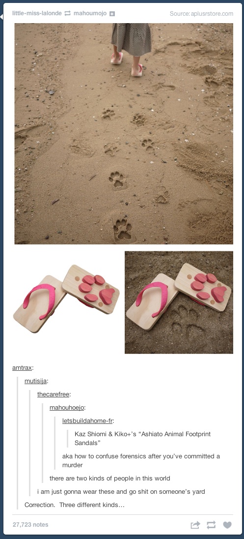 there are three types of people - littlemisslalonde mahoumojo Source aplusrstore.com amtrax mutisija thecarefree mahouhoejo letsbuildahomefr Kaz Shiomi & Kiko's "Ashiato Animal Footprint Sandals" aka how to confuse forensics after you've committed a murde