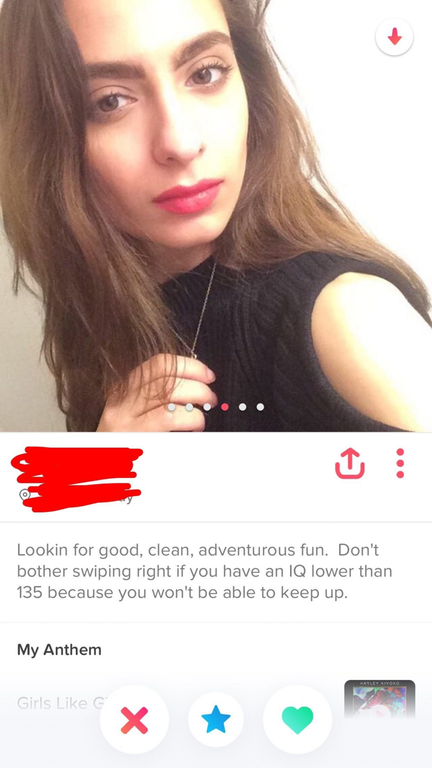 r neckbeard - Lookin for good, clean, adventurous fun. Don't bother swiping right if you have an Iq lower than 135 because you won't be able to keep up. My Anthem Girls G
