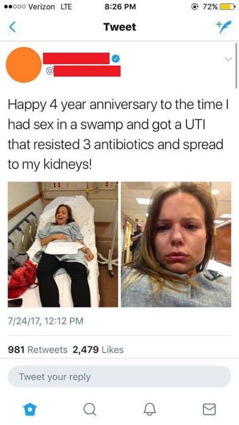 tweet of woman who had sex in a swamp 4 years ago and it got a UTI infection that spread to her kidneys.
