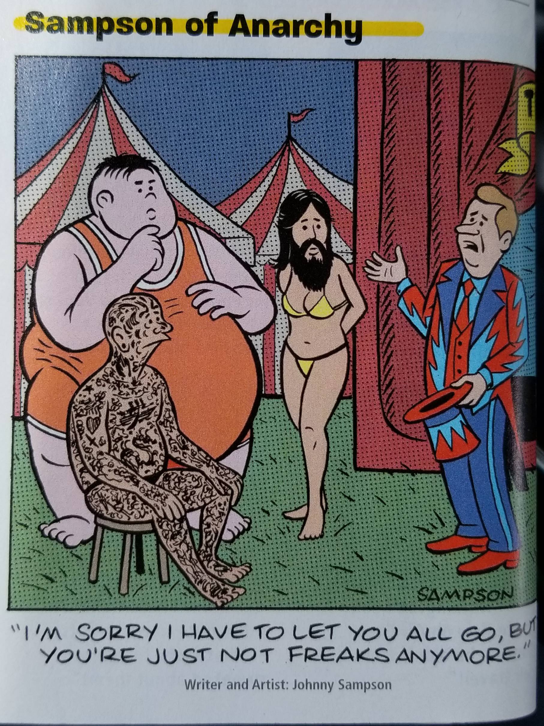 Funny sampson of anarchy cartoon about circus freaks being fired because they are not freaks anymore.