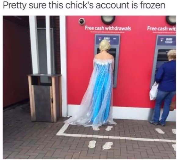Elsa from Frozen at an ATM machine withdrawing cash.