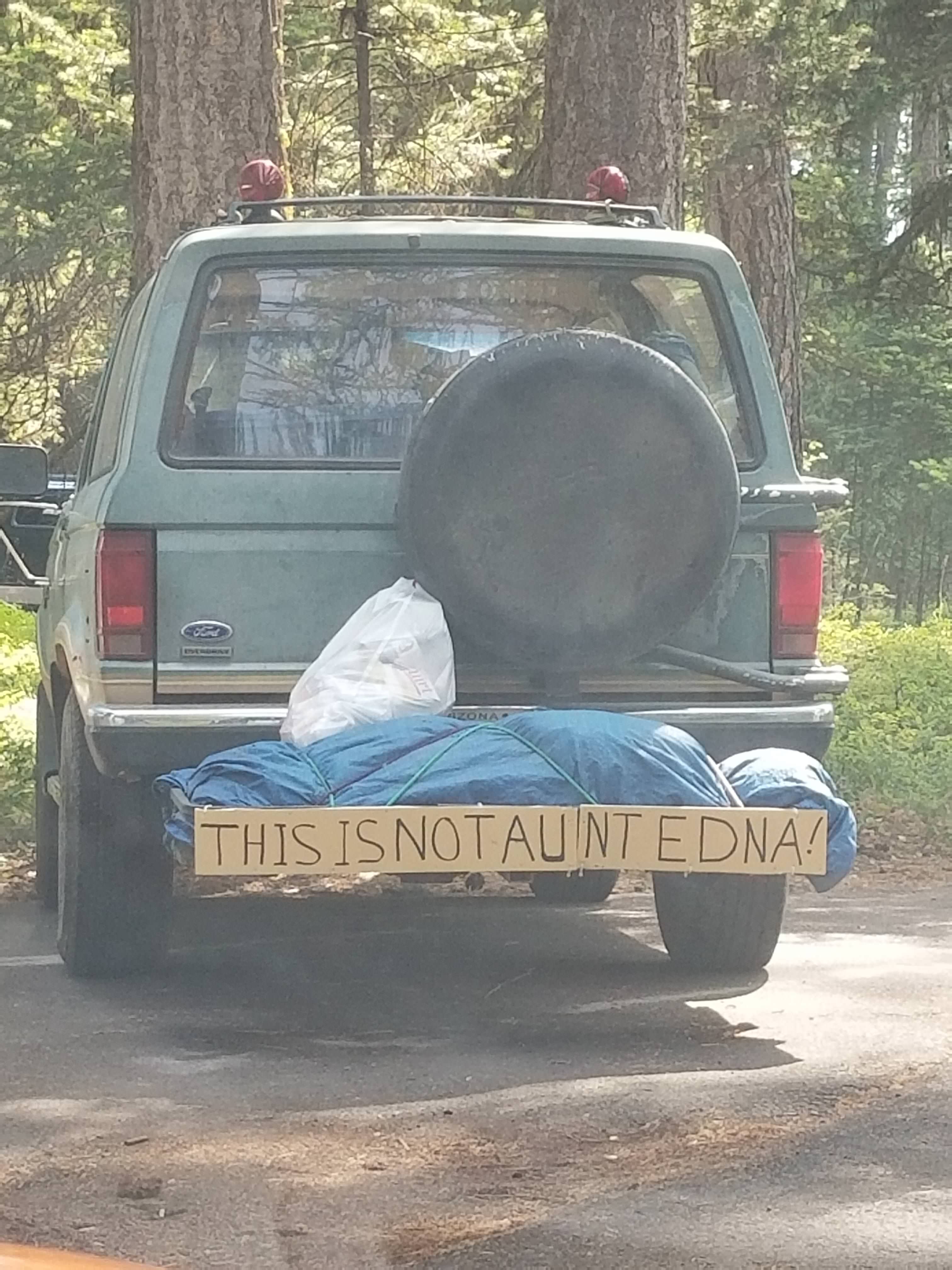 Camping car with clear sign that it is not their any on the back there.