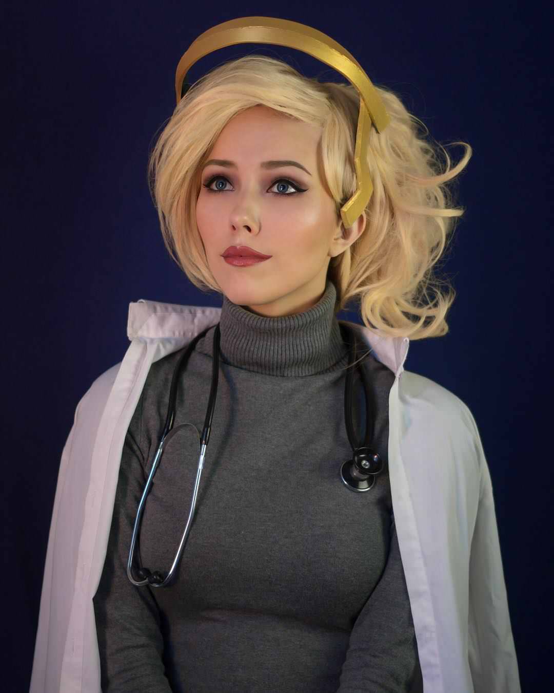 Hot woman dressed as futuristic doctor.