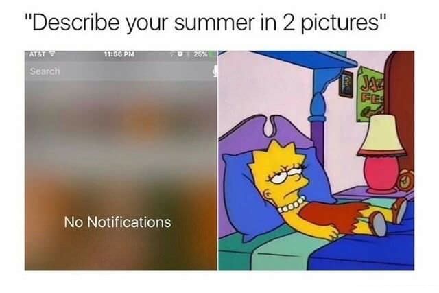 Meme of describing your summer in 2 pics of no-notifications your phone and a sad Lisa Simpson sitting on the bed doing nothing.