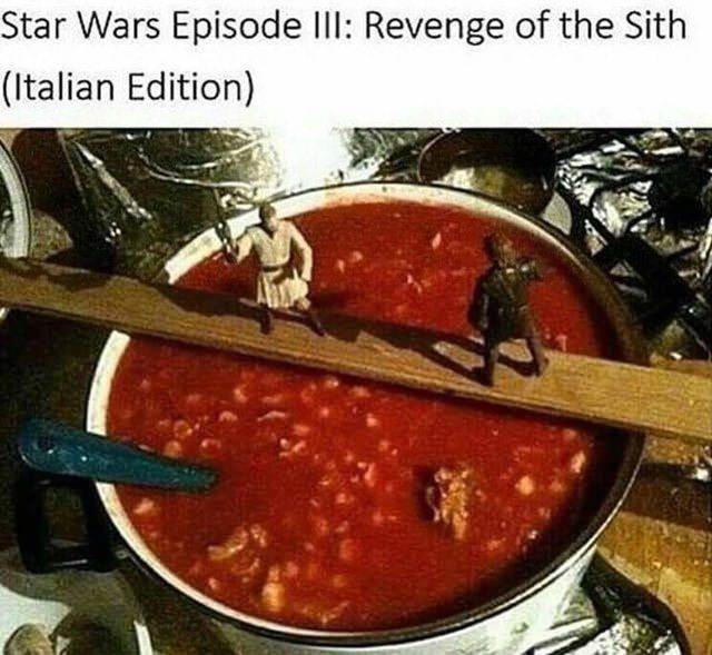 funny meme of a picture of star wars scene being set up over pasta sauce