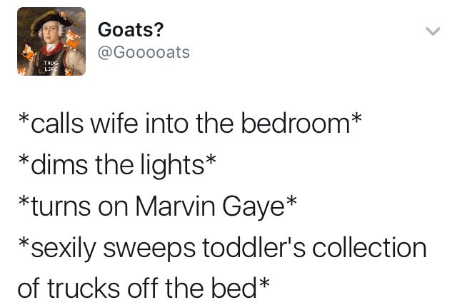 Goats? calls wife into the bedroom dims the lights turns on Marvin Gaye sexily sweeps toddler's collection of trucks off the bed