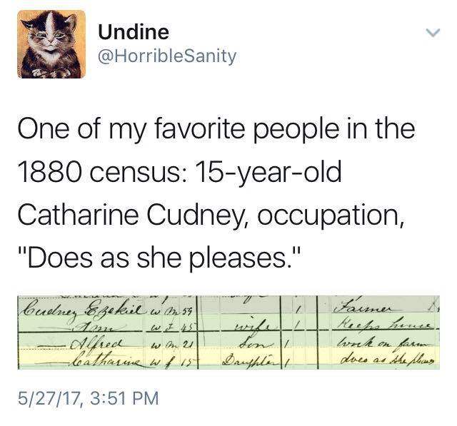 funny census memes - Undine One of my favorite people in the 1880 census 15yearold Catharine Cudney, occupation, "Does as she pleases." Cudtney Ezekil was Fasna Alheck wm2 Catharine w list den Dauphill does as the plans 52717,