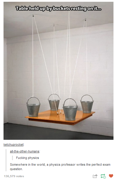 bucket table physics - Table held up by buckets resting on to ketchuprocket alltheotherhumans Fucking physics Somewhere in the world, a physics professor writes the perfect exam question. 136,579 notes