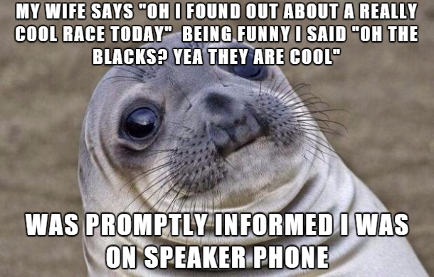 Doe eyed seal with pun about a race and racists confused and being on speakerphone.