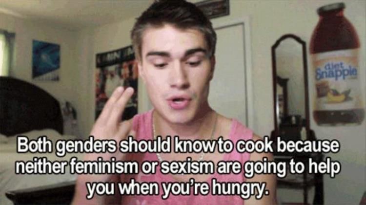 Man explaining why both genders need to cook because feminism and sexism are not going to help when you are hungry.